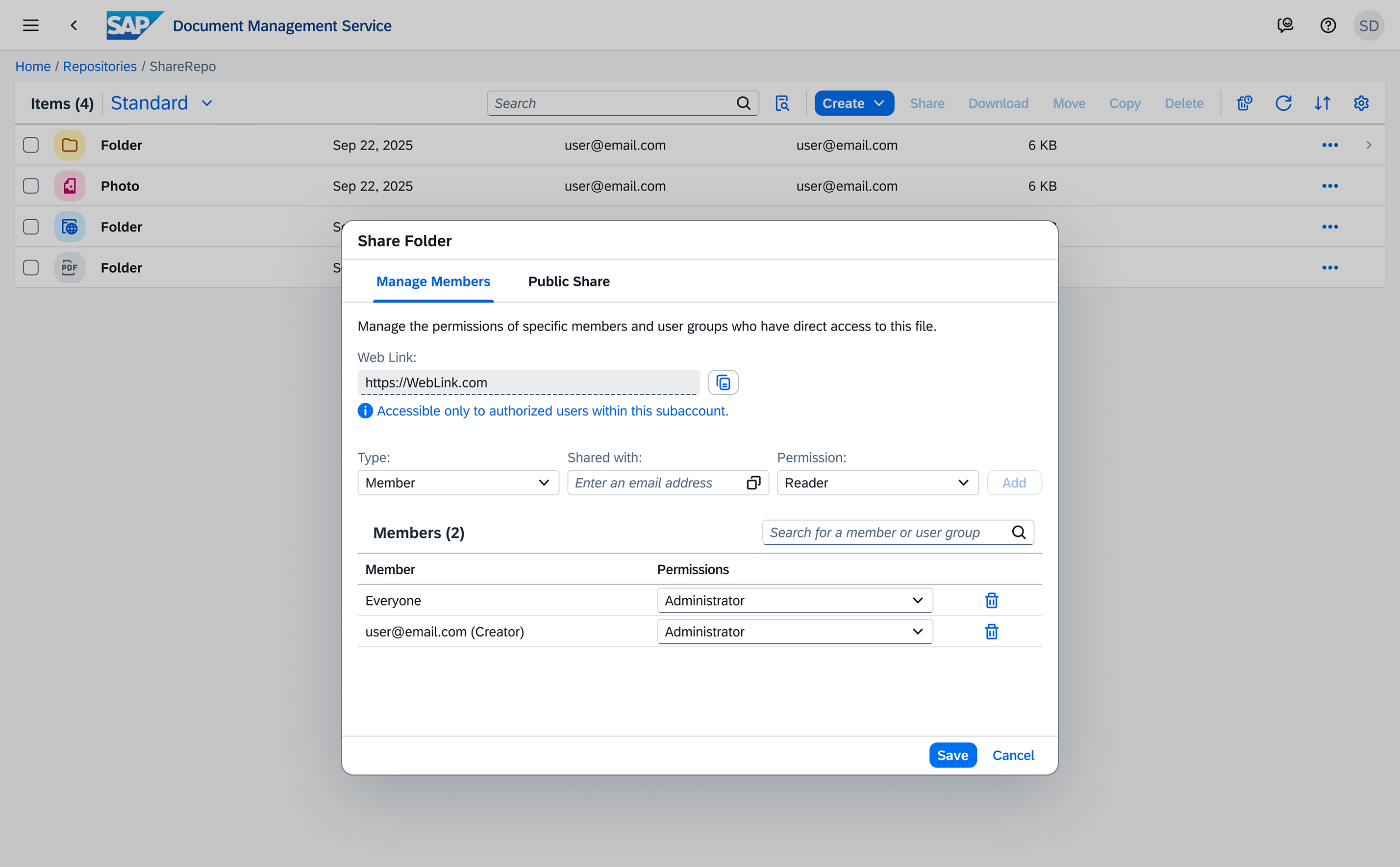 SAP Document Management Service sharing screen